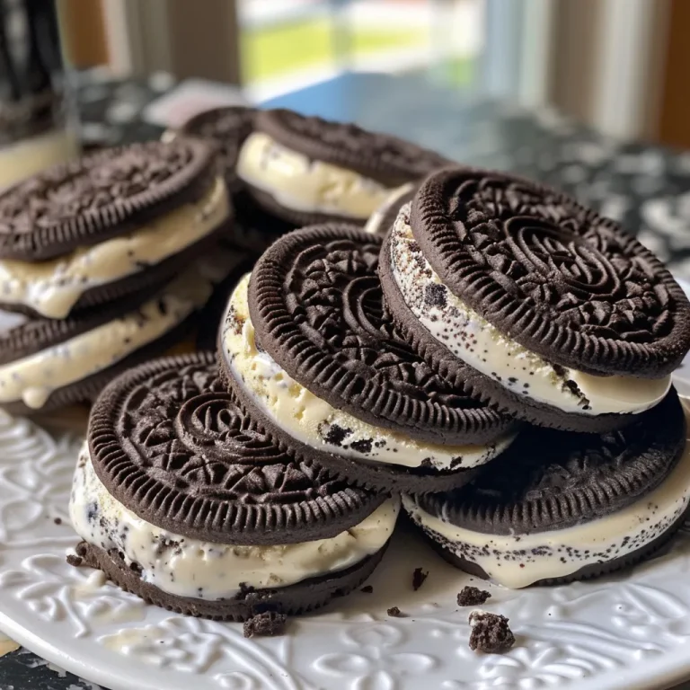 Indulge in Homemade Oreo Ice Cream Sandwiches: A Delightful Treat Detailed shot of Oreo ice cream sandwiches highlighting their texture and rich chocolate.