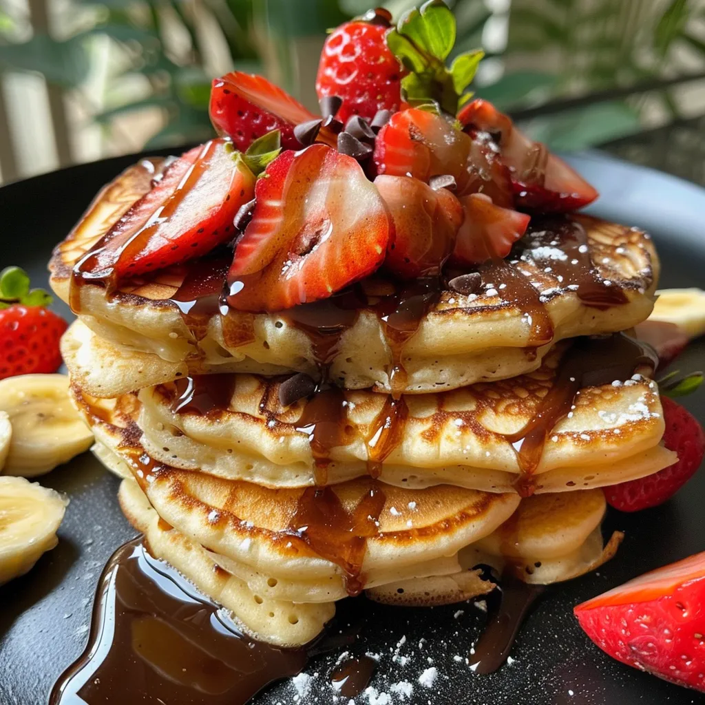 Tantalizing skewers of pancakes topped with bananas and strawberries.
