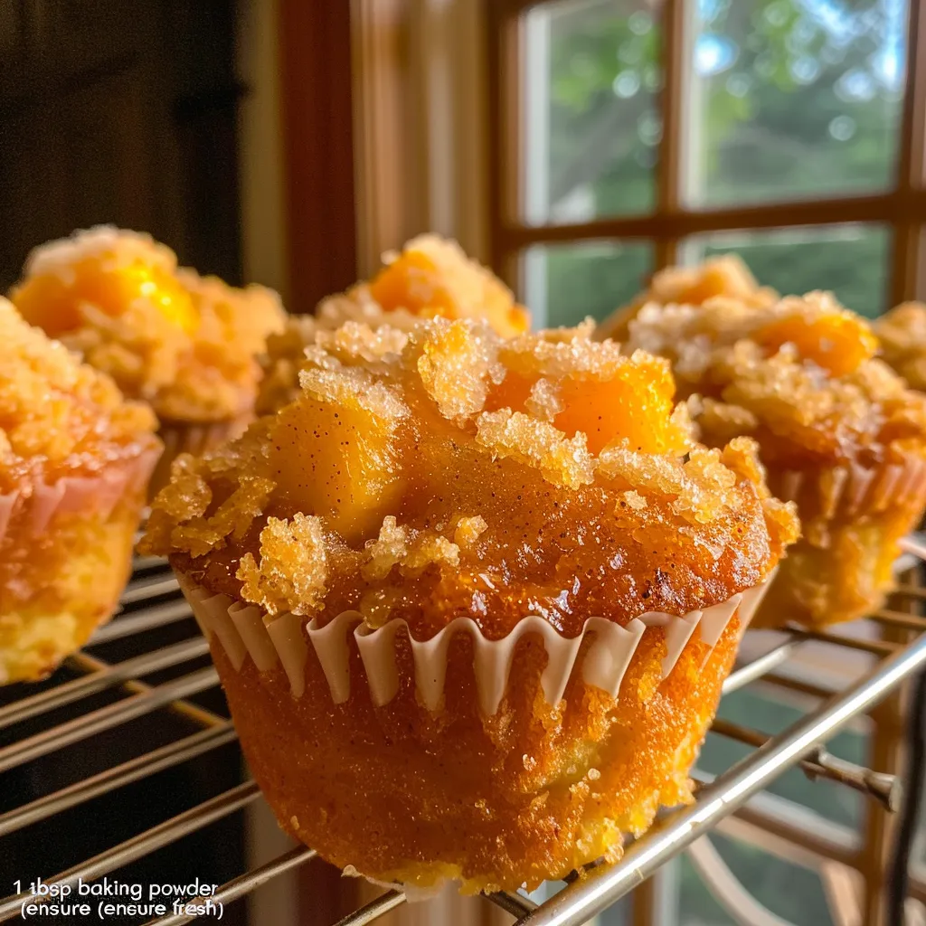 Delicious Peach Cobbler Muffins displayed, showcasing a crumbly top and juicy fruit inside.
