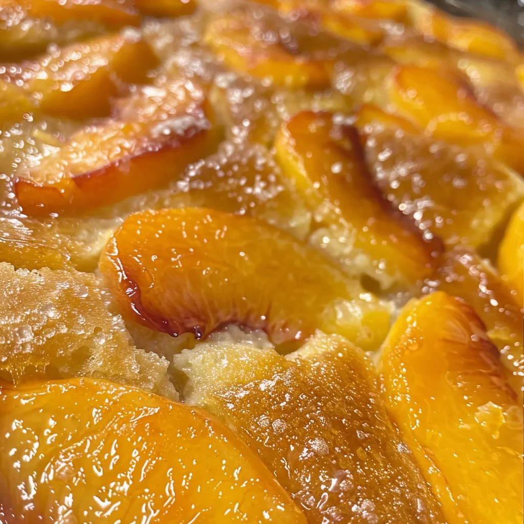 Side view of a peach cobbler with a flaky crust, seated in a baking dish, surrounded by sliced peaches.