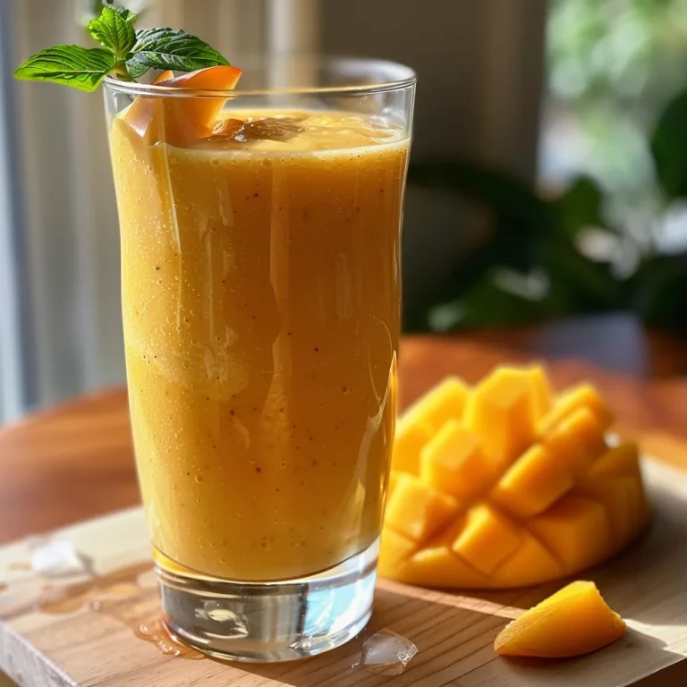 Sip into Paradise The Ultimate Tropical Bliss Peach Mango Smoothie Close-up of a peach mango smoothie with a creamy texture in a clear glass.