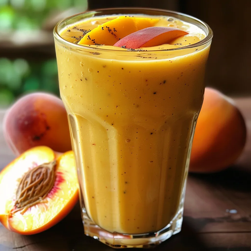 Side view of a delicious peach mango smoothie garnished with fresh fruit.