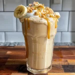 Close-up side view of a creamy peanut butter banana milkshake in a glass, topped with whipped cream.
