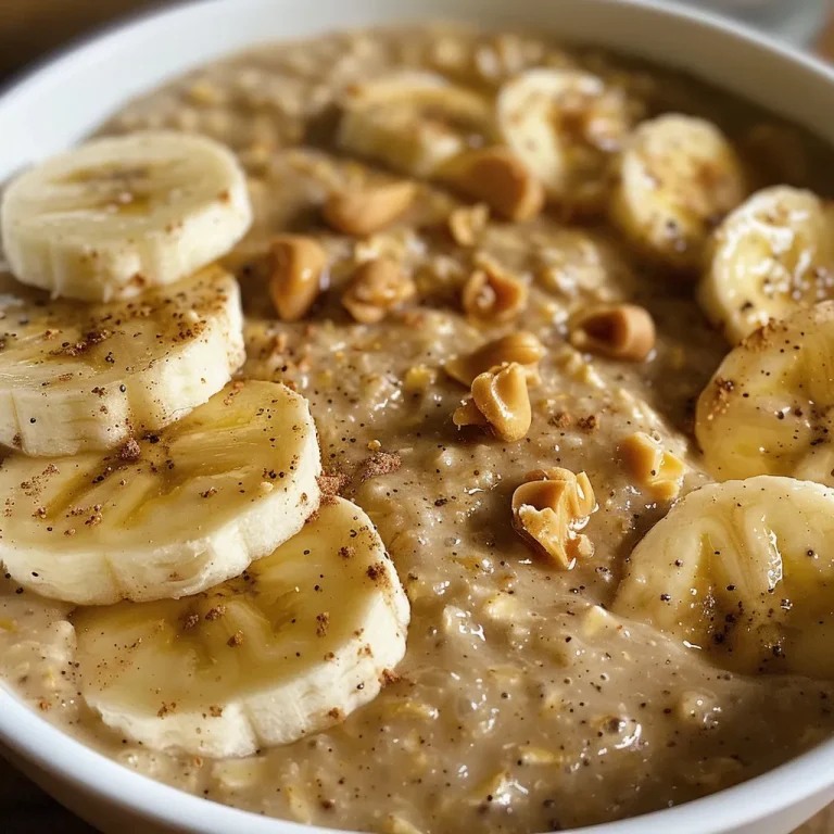 Nourishing Mornings Crafting the Ultimate Peanut Butter Banana Protein Oats Close-up view of a bowl of Peanut Butter Banana Protein Oats with sliced bananas on top.