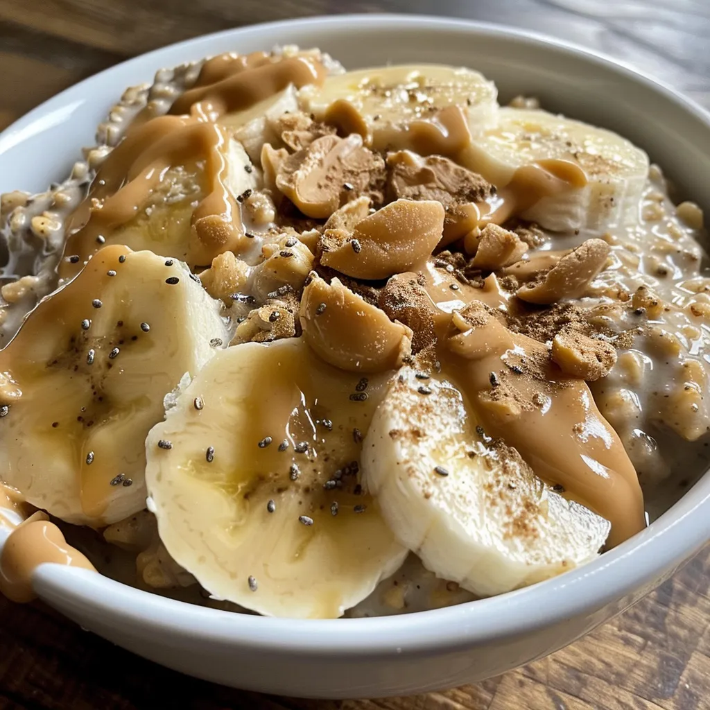 Side view of creamy oatmeal mixed with peanut butter and bananas in a bowl.