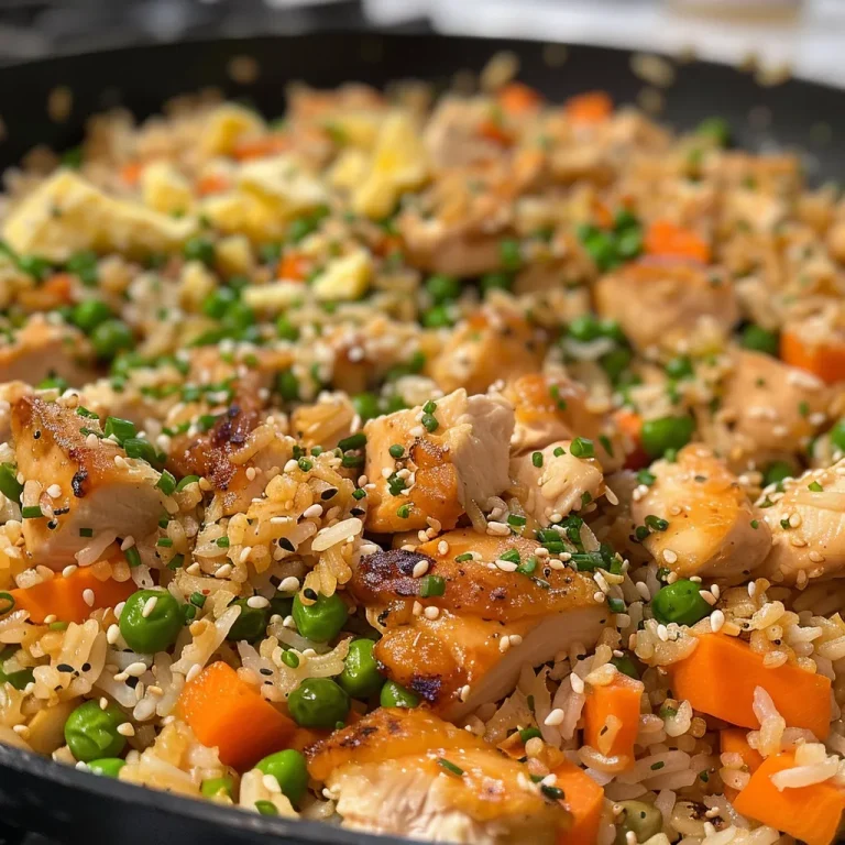Close-up view of perfectly cooked chicken fried rice with colorful vegetables.