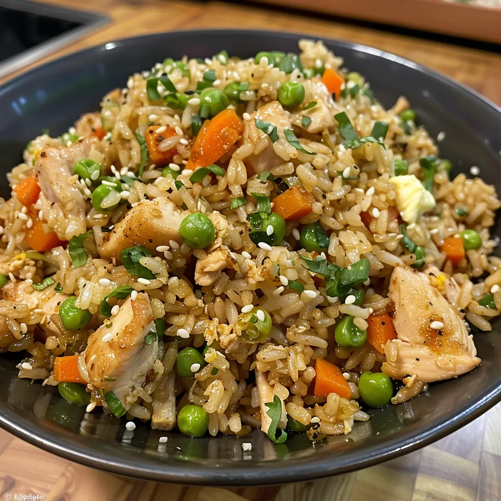 Juicy chicken pieces mixed with rice and vegetables in a side view shot.