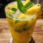 Close-up view of a glass of pineapple mint juice with ice cubes.