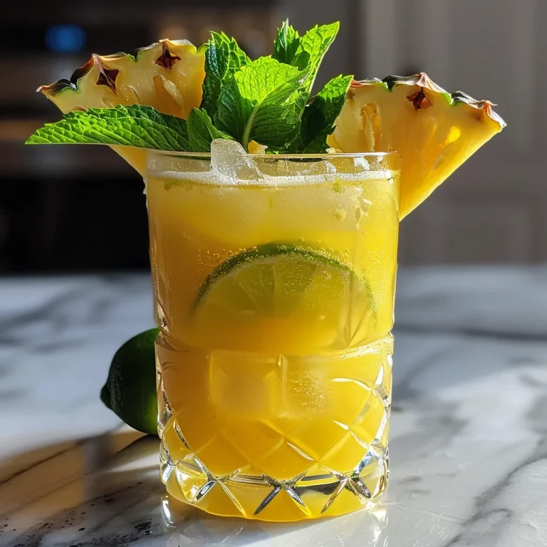 A close-up view of a refreshing Pineapple Tequila Smash cocktail with mint garnish.