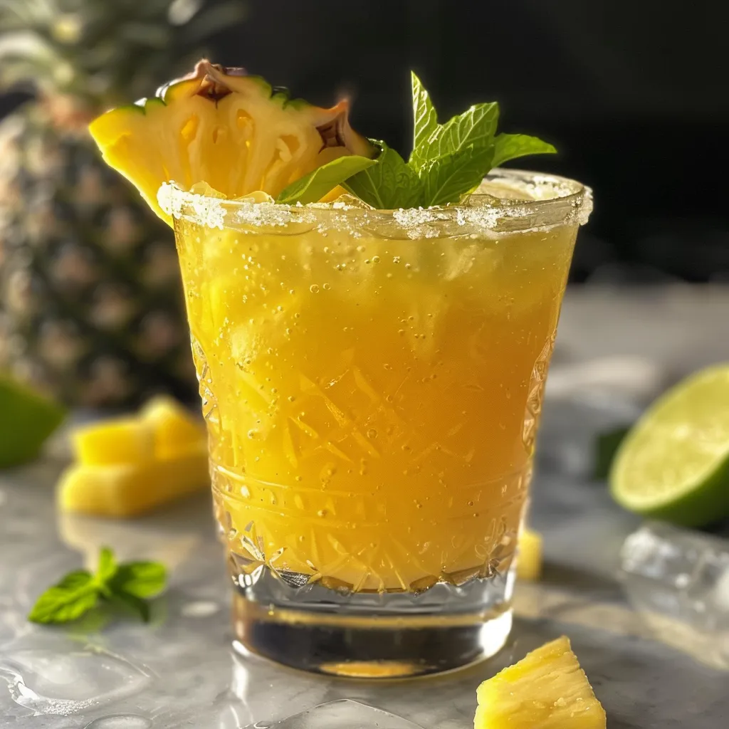 A side view of a Pineapple Tequila Smash in a glass, showcasing fresh pineapple and mint leaves.