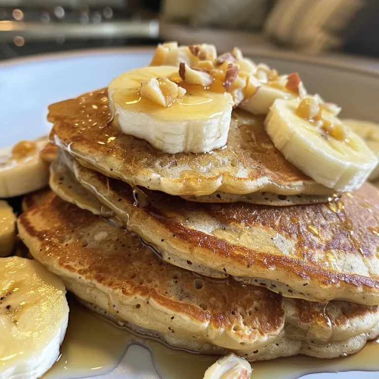 Side view of fluffy protein pancakes topped with banana slices and a drizzle of syrup.