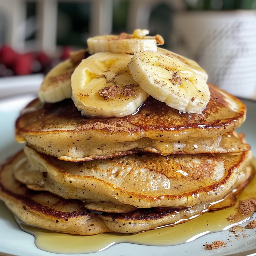 Close-up of golden protein pancakes garnished with fresh banana and a dollop of Greek yogurt.