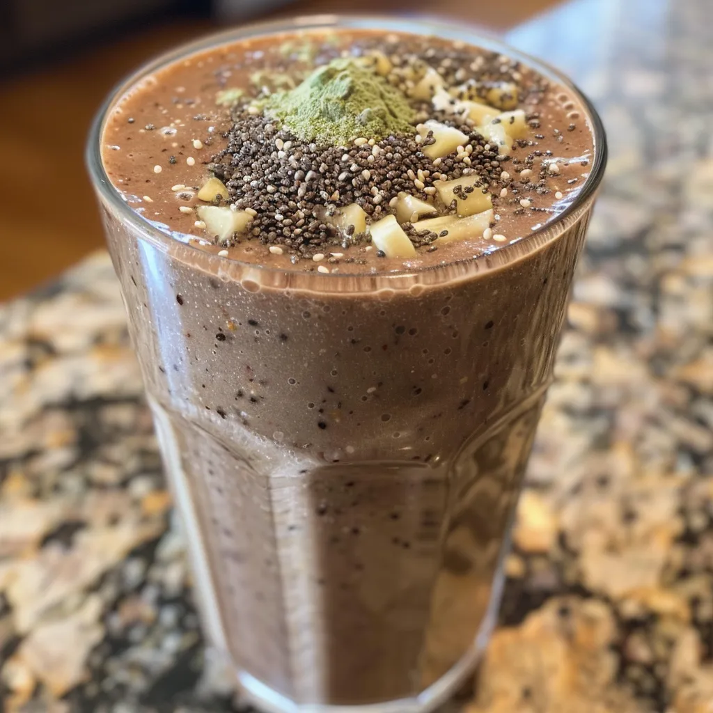 Side view of a refreshing protein smoothie filled with various ingredients like berries and spinach.