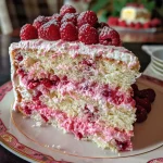 Vibrant raspberry lemon cake, highlighting the texture of the cake and the richness of the frosting.