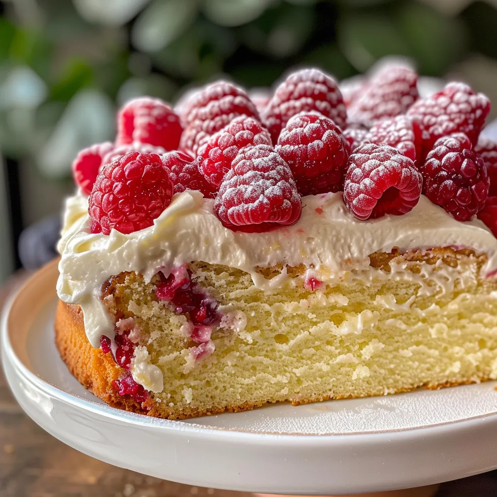 Tantalizing side view of a lemon buttercream raspberry cake, featuring a slice revealing its moist interior.