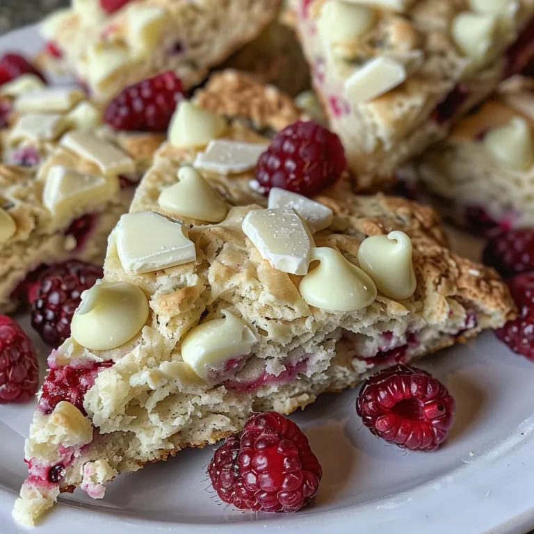 Delightful Raspberry White Chocolate Scones: A Sweet Morning Treat A detailed side view of freshly baked scones with vibrant raspberries and melting white chocolate pieces.