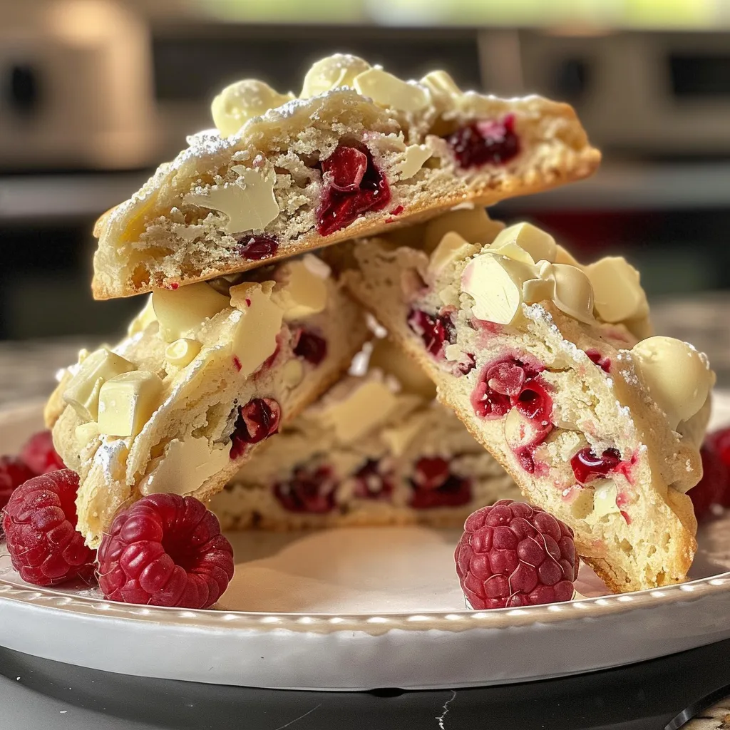 Delicious Raspberry White Chocolate Scones, with a flaky texture and bright red raspberry filling.