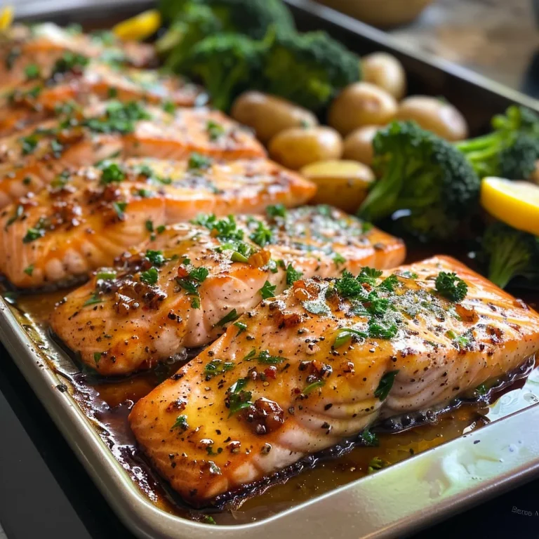 Juicy honey mustard salmon fillets surrounded by colorful roasted vegetables on a baking sheet.