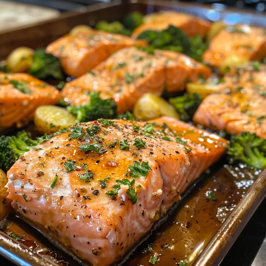 Succulent salmon with a honey mustard glaze alongside roasted potatoes and broccoli on a pan.
