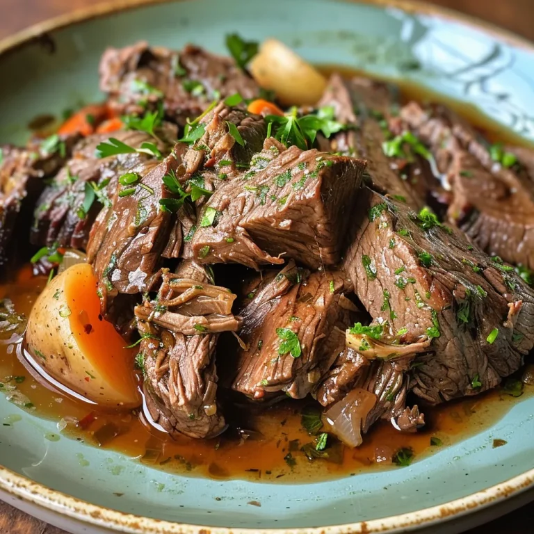 Close-up of juicy slow cooker garlic butter beef with halved baby Yukon Gold potatoes.