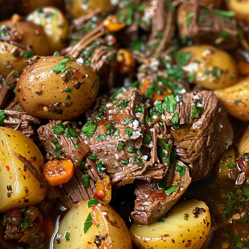 Delicious slow-cooked beef with garlic butter and potatoes, featuring a side view.
