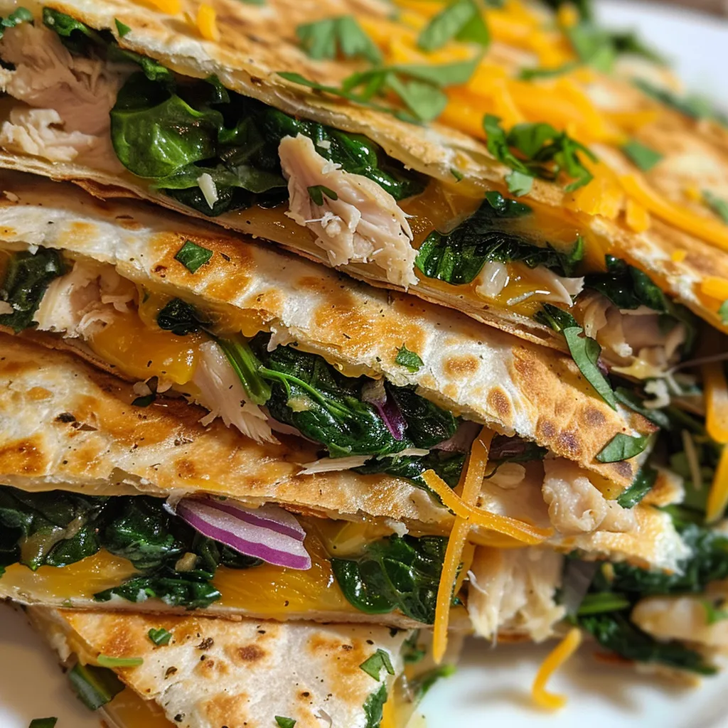 Cooked quesadilla cut into wedges, showcasing fresh spinach and turkey.