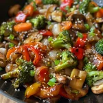 Close-up of a colorful veggie stir-fry with bright red and green bell peppers, broccoli, carrots, and mushrooms.