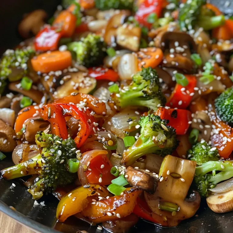 Close-up of a colorful veggie stir-fry with bright red and green bell peppers, broccoli, carrots, and mushrooms.