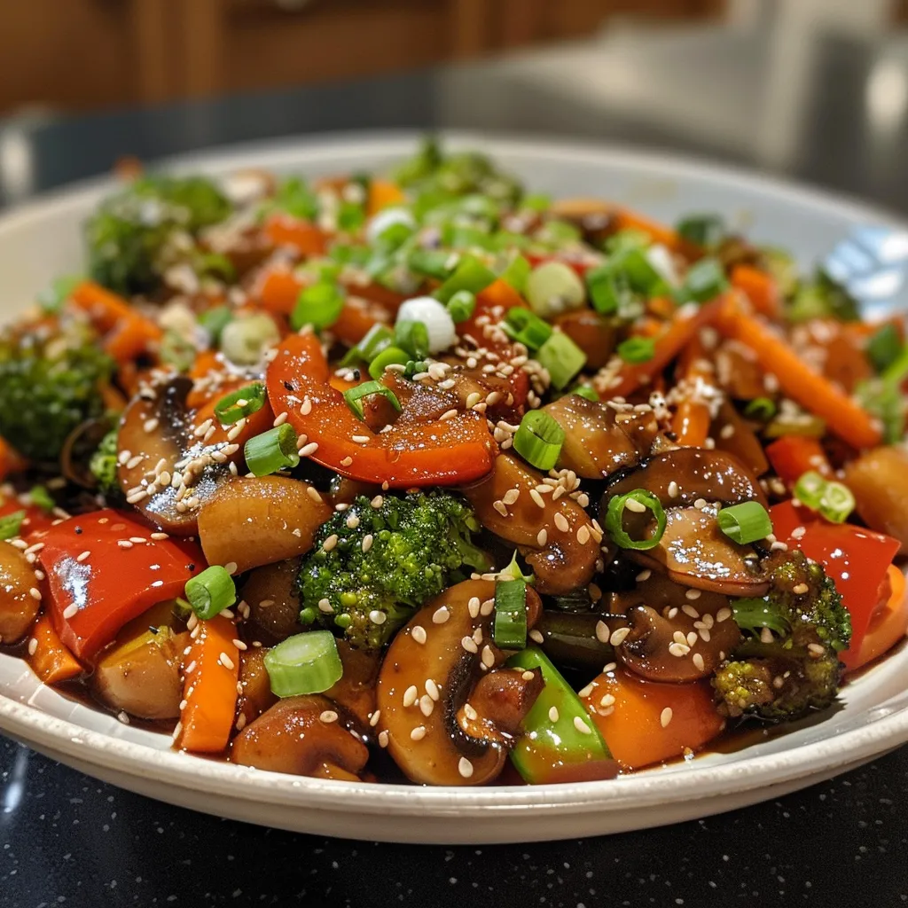 Juicy stir-fried vegetables in a glossy sauce, showcasing a variety of textures and colors.