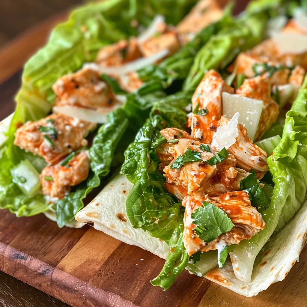 Side angle of a delicious Spicy Buffalo Chicken Caesar Wrap, garnished with parsley and visible ingredients.