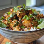 Close-up view of a spicy garlic chicken rice bowl topped with creamy chili sauce, garnished with fresh cilantro and lime wedges.