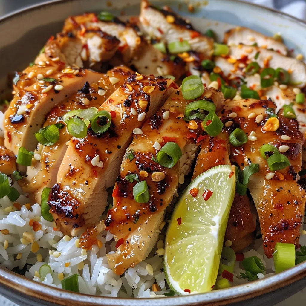 A delicious bowl featuring spiced chicken thighs, jasmine rice, and a drizzle of creamy sauce, with colorful garnishes.