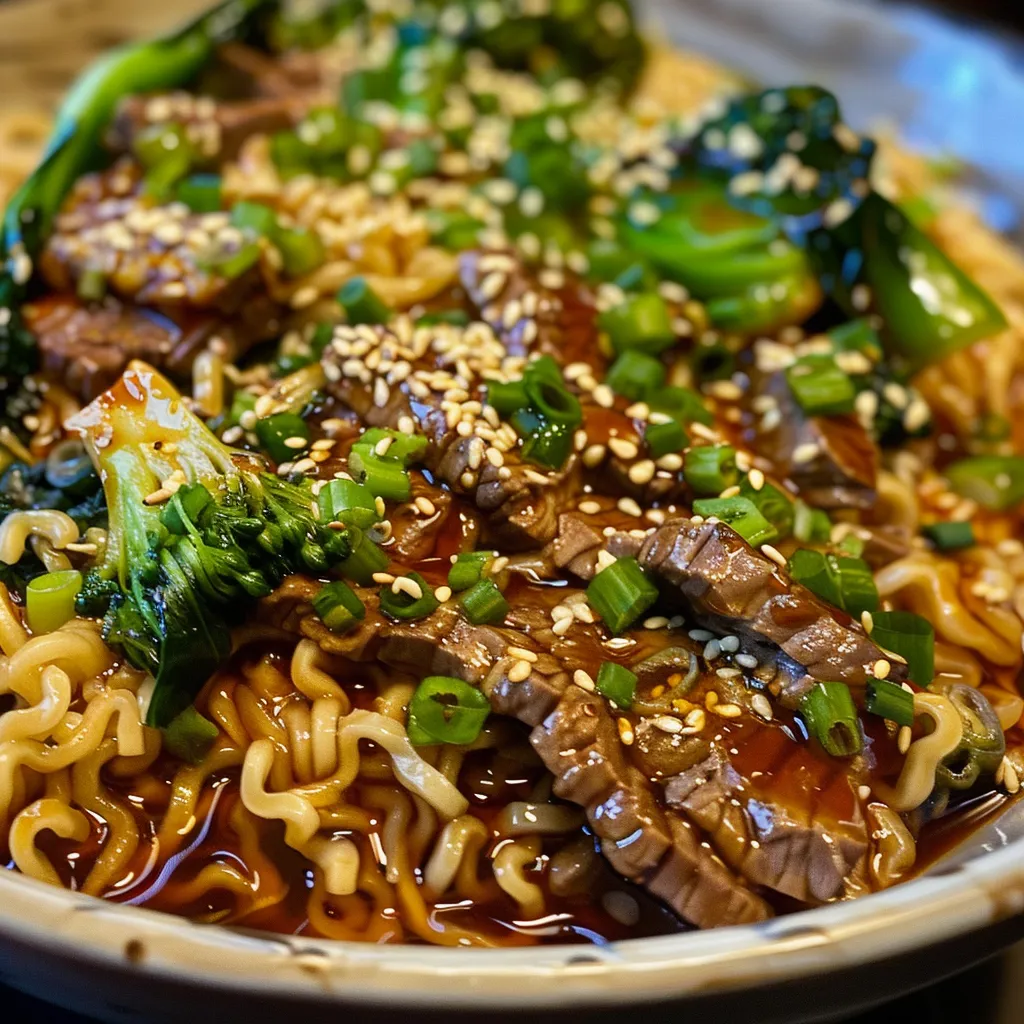 Detail of ramen in a bowl, featuring a glossy surface from spicy garlic chili oil and assorted toppings.