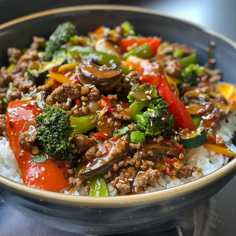 A close-up view of a Spicy Ground Beef Stir-Fry Bowl loaded with colorful vegetables and rice.