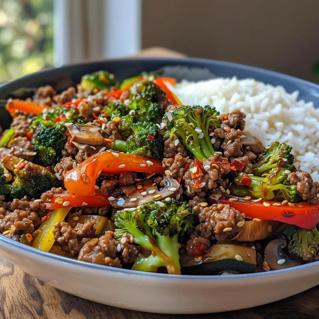 A vibrant stir-fry bowl showcasing juicy ground beef, broccoli, bell peppers, and rice, captured from the side.