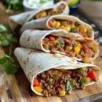 Juicy spicy ground beef wraps filled with colorful vegetables and garnished with herbs.