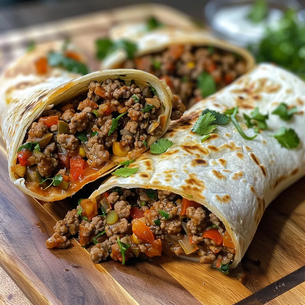 Close-up of delicious wraps containing seasoned ground beef, fresh vegetables, and cheese.