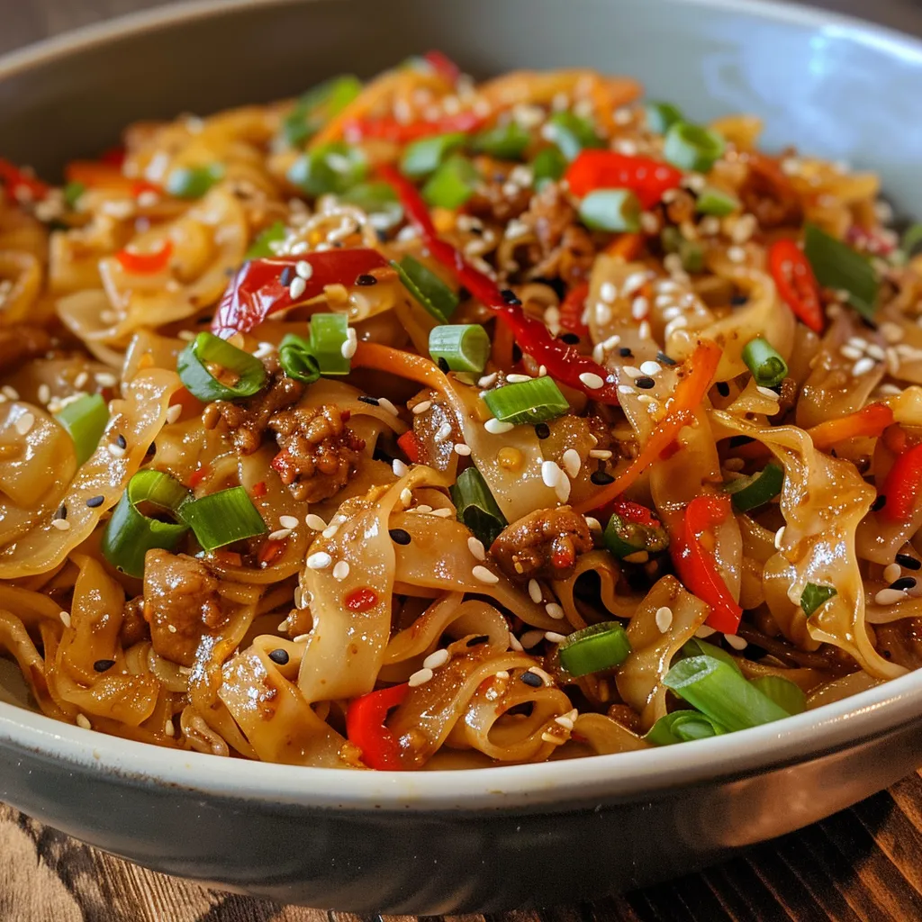 A rich, enticing plate of spicy noodles with chili peppers and herbs.