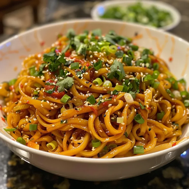 Juicy Sriracha noodles garnished with green onion and cilantro.