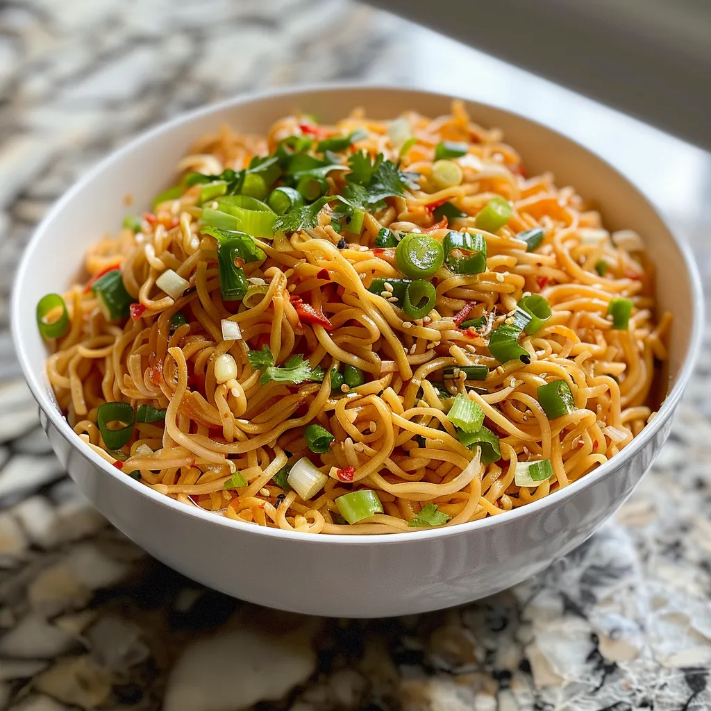 Colorful plate of spicy noodles showcasing red sauce and toppings.