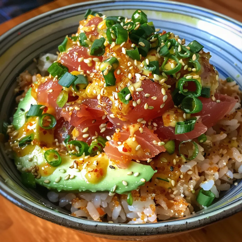 Tantalizing photo of Spicy Tuna Crispy Rice featuring colorful herbs and creamy toppings.