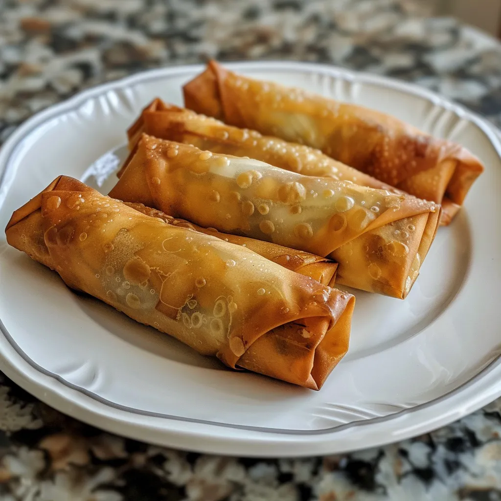 A side view of freshly fried spring rolls, showcasing their golden-brown texture.