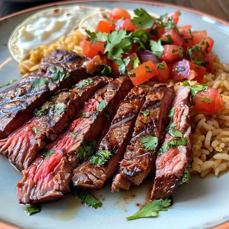 Elevate Your Dinner with Savory Tomato Rice and Sirloin Steak Juicy sirloin steak strips served alongside vibrant tomato rice garnished with cilantro.