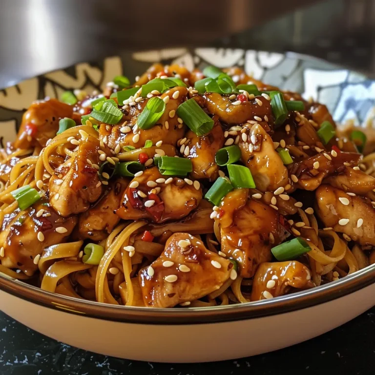 Elevate Your Dinner with Irresistible Sticky Garlic Chicken Noodles Close-up of Sticky Garlic Chicken Noodles with shiny sauce and garnishes.