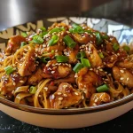 Close-up view of Sticky Garlic Chicken Noodles with juicy chicken pieces and colorful toppings.