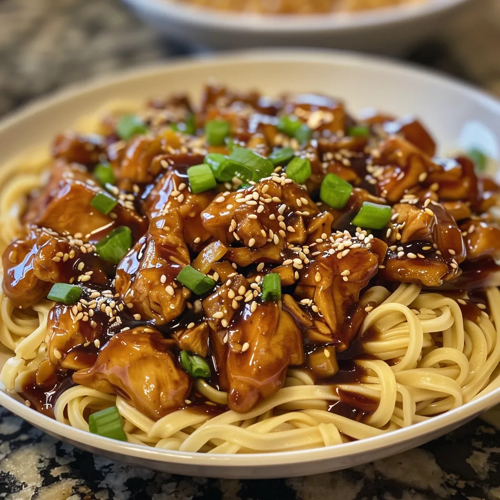 Side view of a bowl of Sticky Garlic Chicken Noodles showcasing the chicken and noodles texture.
