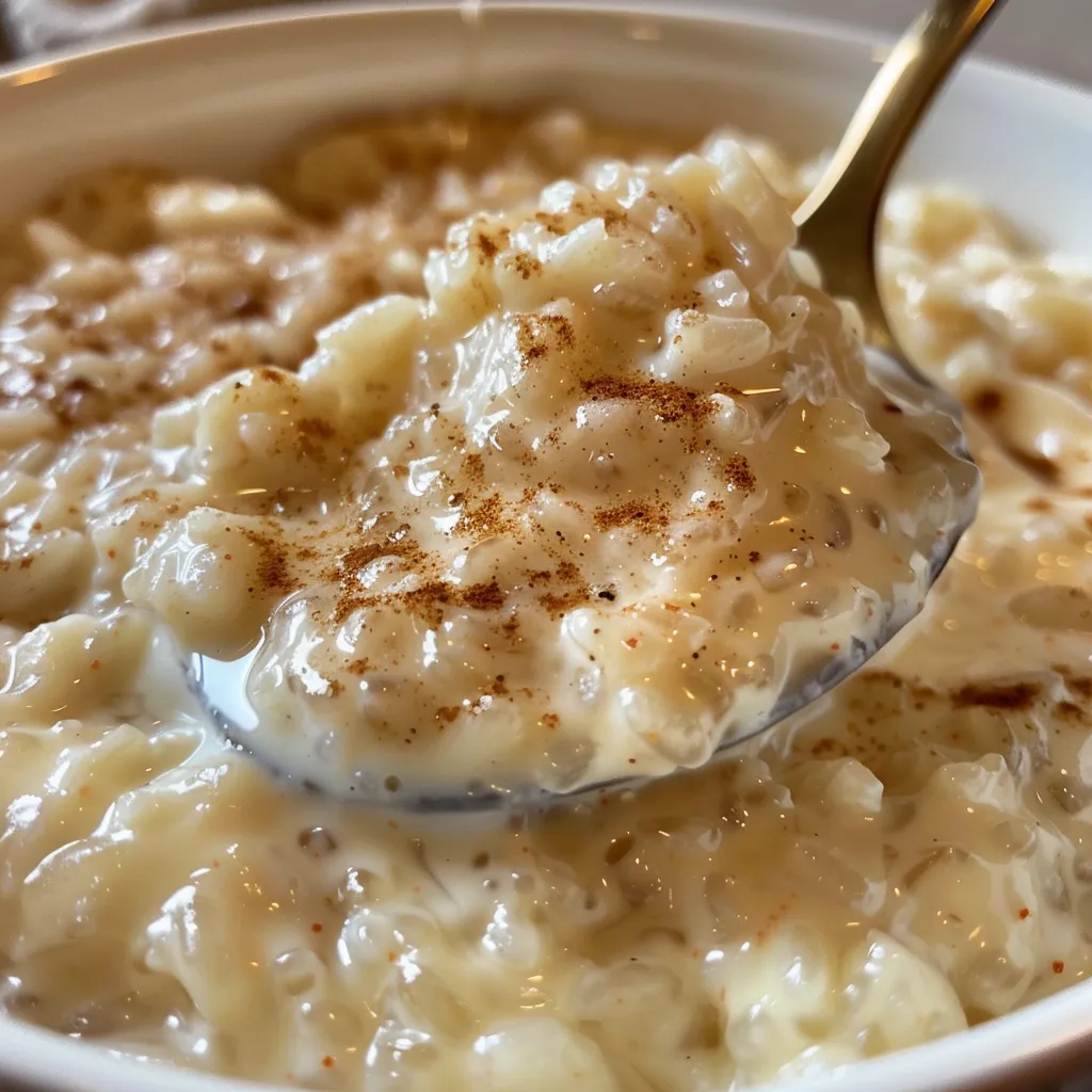Side view of a bowl filled with rich, smooth stovetop rice pudding topped with a dusting of cinnamon.