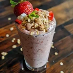 Close-up of a strawberry almond butter smoothie featuring fresh strawberries on top.