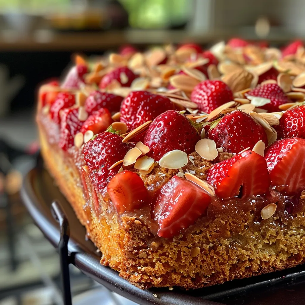 A slice of Strawberry Almond Tea Cake revealing juicy strawberries and a fluffy almond-infused crumb.