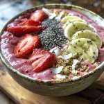 A vibrant pink Strawberry Banana Smoothie Bowl topped with sliced strawberries and coconut flakes.